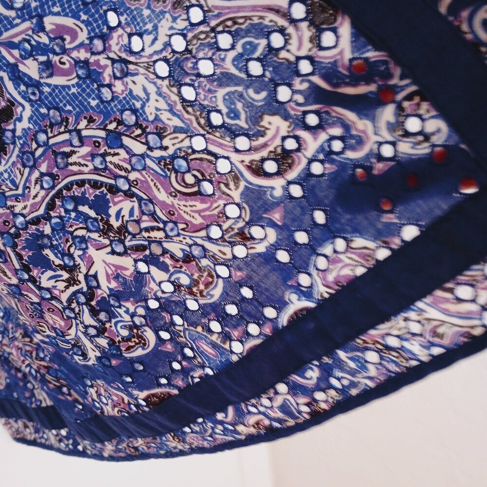 Chico's Blue & White Baroque Print Eyelet Lace Open Front Jacket - Picture 5 of 10